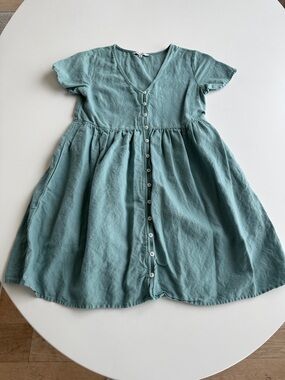 Madewell Teal Button-Front Short Sleeve Linen blend Dress size XS